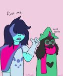  ambiguous_gender anthro armor black_fur blue_hair blue_skin bovid caprine darkner deltarune dialogue duo eyewear fur glasses goat goatboyalex hair hat human kris_(deltarune) long_hair male mammal pink_hair ralsei scarf text video_games 