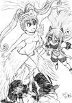  3girls amano_nene angel_wings bandai barefoot character_request dated digimon digimon_xros_wars feathers female flying gamonkoubou halo high_ponytail jewelry long_hair luminamon monochrome multiple_girls nude open_mouth ring saliva smile solo twintails wings 