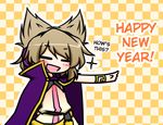  1girl brown_hair cape checkered checkered_background dress earmuffs eyes_closed happy_new_year hard_translated kazeha_(starrysky) new_year open_mouth short_hair skirt smile solo touhou toyosatomimi_no_miko translated 