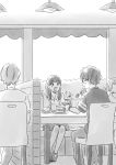  2boys 2girls :o :t absurdres ai_x_suugaku_x_tanka awning backlighting bangs blunt_bangs bush cafe cake chair character_request cup dessert drink eating eye_contact eyebrows_visible_through_hair food from_behind fruit glasses greyscale hand_up highres holding holding_spoon indoors itunohika long_hair looking_at_another mary_janes monochrome mug multiple_boys multiple_girls open_mouth pants parfait profile round_teeth saucer shadow shoes short_sleeves sitting skirt slice_of_cake spoon strawberry table tareme teacup teeth v-shaped_eyebrows watch wristwatch 