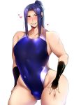  1boy androgynous assassin_(fate/stay_night) blush bulge crossdressing fate_(series) hand_on_hip high_ponytail highres hip_focus kou_yamada long_hair looking_at_viewer male_focus one-piece_swimsuit ponytail simple_background skin_tight swimsuit white_background 