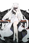  1girl breasts covered_mouth dress full_body horns kantai_collection large_breasts legs_crossed long_hair looking_at_viewer midway_hime nello_(luminous_darkness) pale_skin red_eyes shinkaisei-kan sitting solo very_long_hair white_dress white_hair white_skin 