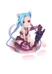  1girl blue_hair boots braid cat_ears chibi gloves jinx_(league_of_legends) league_of_legends long_hair paw_print pink_eyes tail tattoo thighhighs twin_braids weapon weapons 