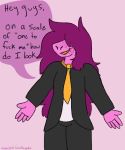  anthro deltarune dialogue fangs female freckles goatboyalex hair necktie pink_hair pink_skin scalie solo susie_(deltarune) text tuxedo video_games 