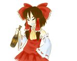  alcohol armpit armpits blush bottle bow brown_hair cravat detached_sleeves drink drunk eyes_closed grin hair_bow hair_tubes hakurei_reimu red_skirt ribbon ribbon-trimmed shrine_maiden simple_background sleeveless sleeves smile solo touhou trim white_background wide_sleeves 