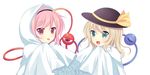  2girls aqua_eyes bow costume eyeball hair_ornament hat komeiji_koishi komeiji_satori multiple_girls open_mouth pink_eyes pink_hair short_hair smile swami third_eye tongue touhou 