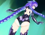  1girl artist_request ass blue_eyes blush bodysuit choujigen_game_neptune compile_heart from_behind gloves hair_ornament idea_factory long_hair looking_back neptune_(choujigen_game_neptune) neptune_(series) open_mouth purple_hair purple_heart shiny shiny_clothes shiny_skin solo thighhighs twin_braids very_long_hair 