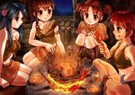  4girls blue_hair brown_hair character_request copyright_request fire food highres jomon_period long_hair meat midriff multiple_girls night pizza_man red_hair sitting tagme 