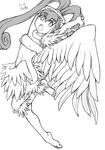  1girl amano_nene angel_wings barefoot digimon digimon_xros_wars feathers female flying gamonkoubou halo high_ponytail jewelry long_hair luminamon monochrome nipples open_mouth ring simple_background solo tongue twintails wings 