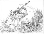  1boy artist_request gun gundam helmet mecha mobile_suit_gundam monochrome rocket_launcher sketch weapon zaku zaku_ii 