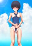  black_hair blue_eyes blush cameltoe nijiiro_mask short_hair swimsuit urinaria 