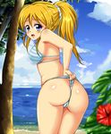  1girl :t ass ayase_eli bare_shoulders bikini blonde_hair blue_eyes blush bra breasts butt_crack cameltoe dimples_of_venus from_behind long_hair looking_at_viewer love_live!_school_idol_project ocean open_mouth panties ponytail scrunchie self-wedgie shiguko shiny shiny_clothes shiny_hair shiny_skin sideboob solo striped striped_bra striped_panties swimsuit tree underwear wedgie 