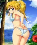  1girl :t ass ayase_eli bare_shoulders bikini blonde_hair blue_eyes blush bra breasts butt_crack cameltoe dimples_of_venus from_behind long_hair looking_at_viewer love_live!_school_idol_project ocean panties ponytail scrunchie shiguko shiny shiny_clothes shiny_hair shiny_skin sideboob solo striped striped_bra striped_panties swimsuit tree underwear 