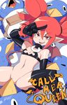  1girl bigdead93 bottomless choker convenient_censoring demon_girl demon_tail demon_wings disgaea elbow_gloves etna flat_chest gloves looking_at_viewer makai_senki_disgaea navel pointy_ears prinny red_eyes red_hair stomach tail thighhighs twintails wings 