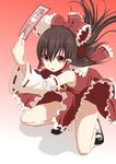  black_hair bow brown_hair detached_sleeves gohei hair_bow hair_tubes hakurei_reimu highres long_hair mary_janes oekakizuki ofuda panties red_eyes ribbon ribbon-trimmed_sleeves ribbon_trim shoes solo touhou underwear wide_sleeves 