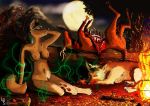  anthro blood bonfire breasts canid canine canis cervid digital_media_(artwork) female feral forest gore loopus magic male mammal moon mountain nude outside piercing pubes tree wolf 