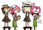  angry arms_up bag bandaged_arm bandages bow brown_eyes brown_hair brown_vest bun_cover collared_shirt comic double_bun eye_contact fedora hair_between_eyes handbag hat hat_bow headwear_removed highres horns ibaraki_kasen long_sleeves looking_at_another looking_back mary_janes moonywitcher multiple_girls necktie no_legwear oni open_clothes open_mouth open_vest pink_eyes pink_hair profanity ribbon russian shaded_face shirt shoes short_hair simple_background skirt standing_on_chair standing_on_object touhou translated usami_renko vest white_background white_bow 