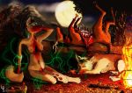  anthro blood bonfire breasts canid canine canis cervid digital_media_(artwork) female feral forest gore loopus magic male mammal moon mountain nude outside piercing pubes tree wolf 