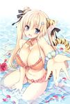  1girl animal_ears bikini blonde_hair blush breasts cat_ears cat_tail choker cleavage fang female flower hairpins happy jewelry large_breasts long_hair looking_at_viewer navel purple_eyes ribbon sandals sanshoku_amido sitting smile solo swimsuit tail tiger_ears tiger_tail twintails water wet 