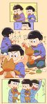  black_hair bowl_cut brothers cat character_doll comic esper_nyanko glasses heart heart_in_mouth highres holding_needle hood hoodie male_focus matsuno_ichimatsu matsuno_juushimatsu matsuno_karamatsu multiple_boys needle noruberusu osomatsu-kun osomatsu-san pajamas protected_link sewing siblings stuffed_animal stuffed_cat stuffed_toy translated wall-eyed 