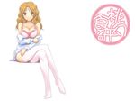  bare_shoulders blush bra breast_squeeze breasts brown_eyes brown_hair cleavage crossed_legs dress_shirt garters hairu hayasaka_akira large_breasts legs lingerie long_hair off_shoulder open_clothes open_shirt shirt sitting smile solo super_real_mahjong thighhighs underwear white_legwear 