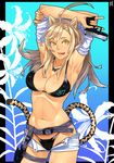  23_(real_xxiii) :p abs ahoge ahoge_girl_(23) animal_ears animal_print aqua_background armpits arms_behind_head arms_up artist_name belt bikini black_bikini blonde_hair blue_background breasts buckle bug butterfly butterfly_necklace butterfly_print buttons cameltoe cat_ears cleavage covered_nipples cowboy_shot cross denim denim_shorts fang floral_background floral_print flower glock gun hair_between_eyes halftone halftone_background handgun highleg highleg_bikini highleg_swimsuit highres holding holster insect jewelry kemonomimi_mode lanyard large_breasts light_brown_hair lily_(flower) lips long_hair looking_up midriff navel necklace nose open_clothes open_fly open_shorts original pistol shiny shiny_skin shirt_lift short_shorts shorts signature solo standing strap string_bikini swimsuit tail thigh_holster thigh_strap tiger_tail tongue tongue_out trigger_discipline unbuttoned undressing unzipped weapon windowboxed yellow_eyes zipper 