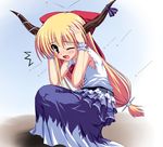  beans blonde_hair blush bow brown_eyes cowering fang hair_bow horns ibuki_suika long_hair mamemaki one_eye_closed open_mouth setsubun solo squatting takeponi touhou wince wrist_cuffs 