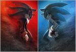  blood blue_background epic furry gloves highres mri multiple_boys no_humans red_background shadow_the_hedgehog sonic sonic_team sonic_the_hedgehog traditional_media 
