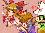  amaterasu animal bare_shoulders blue_skirt bodypaint bow brown_hair crossover eyebrows hair_bow horns ibuki_suika issun long_hair ookami_(game) red_bow red_eyes skirt touhou tsuutenkaaku very_long_hair wolf wrist_cuffs 