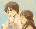  1girl alternate_hairstyle blush brown_hair coat couple cup disposable_cup drinking face fur-trimmed_coat fur_trim hair_ornament half_updo height_difference hetero holding kazehaya_shouta kimi_ni_todoke kuronuma_sawako long_hair looking_at_another profile shirotaka_(shirotaka) side_bun sideways_glance snow snowing steam turtleneck winter_clothes 