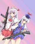  bad_id bad_pixiv_id benelli_m2 blue_hair blush fangdan_runiu fujiwara_no_mokou gun h&amp;k_ump hat heckler_&amp;_koch highres kamishirasawa_keine long_hair machine_gun multiple_girls red_eyes shotgun silver_hair sling submachine_gun suppressor suspenders touhou weapon 