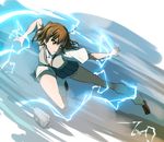  ahoge biribiri brown_eyes brown_hair electricity hair_ornament hairclip loose_socks misaka_mikoto nekomamire school_uniform short_hair shorts skirt socks solo sweater_vest to_aru_kagaku_no_railgun to_aru_majutsu_no_index 