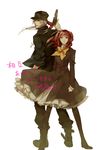  1girl amakusa_juuza back-to-back bandana boots bow couple dress gun hair_bobbles hair_ornament hat height_difference hetero oono_eiko pantyhose red_hair school_uniform short_hair silver_hair twintails umineko_no_naku_koro_ni ushiromiya_ange weapon 