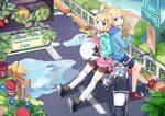  1girl ahoge back-to-back bird blonde_hair blue_eyes boots bow brother_and_sister ground_vehicle hair_bow helmet jacket jin_young-in kagamine_len kagamine_rin legs map motor_vehicle motorcycle over-kneehighs puddle rainbow shorts siblings star thighhighs traffic_light twins vocaloid water 