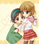  blonde_hair blue_eyes brown_eyes brown_hair dress haibara_ai hairband hood hoodie meitantei_conan miniskirt multiple_girls plaid plaid_skirt pleated_skirt sensaki_chihiro skirt thighhighs yoshida_ayumi zettai_ryouiki 