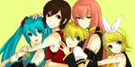  aqua_eyes aqua_hair bad_id bad_pixiv_id blonde_hair brown_eyes brown_hair grin hair_ornament hair_ribbon hairclip hatsune_miku hug hug_from_behind kagamine_len kagamine_rin long_hair megurine_luka meiko multiple_girls nntn ribbon short_hair smile twintails vocaloid 