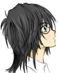  1boy black_hair blush death_note glasses long_hair male male_focus mikami_teru profile simple_background solo white_background 
