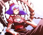  bad_id bad_pixiv_id grin hair_ornament kumadano leaf leaf_hair_ornament light_rays mirror purple_hair red_eyes rope shimenawa sitting smile solo sunbeam sunlight touhou yasaka_kanako 