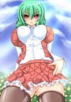  bad_id bad_pixiv_id breasts breasts_apart flower from_below green_hair hand_on_hip highres impossible_clothes impossible_shirt impossible_vest kazami_yuuka large_breasts light_rays plaid plaid_skirt plaid_vest red_eyes shirt short_hair skirt skirt_set solo sunbeam sunflower sunlight syroh thighhighs touhou vest zettai_ryouiki 