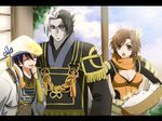  aya_(pixiv263198) black_hair brown_eyes brown_hair eyes_closed female grey_skin hat kuroda_kanbei male nene open_mouth rice scarf sengoku_musou sengoku_musou_3 short_hair takenaka_hanbei white_hair 