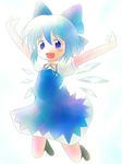  \o/ arms_up blue_eyes blue_hair blush bow cirno geshopu hair_bow happy jumping open_mouth outstretched_arms solo touhou wings 