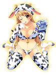  animal_ears animal_print asanuma_katsuaki bell bikini blonde_hair breasts brown_eyes cleavage cow_bell cow_ears cow_print elbow_gloves finger_to_mouth gloves hat large_breasts milk one_eye_closed original print_legwear sitting solo swimsuit thighhighs tongue 