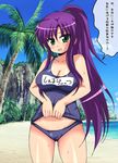  1girl afuro beach big_breasts breasts faris_scherwiz female final_fantasy final_fantasy_v green_eyes large_breasts long_hair nature one-piece_swimsuit one_piece_swimsuit open_mouth outdoors ponytail purple_hair sky solo swimsuit translation_request tree water 