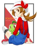  bad_id bad_pixiv_id brown_eyes brown_hair cabbie_hat chikorita gen_2_pokemon hat hat_ribbon indian_style kotone_(pokemon) midori_maccha overalls pokemon pokemon_(creature) pokemon_(game) pokemon_hgss red_ribbon ribbon short_twintails sitting smile thighhighs twintails 