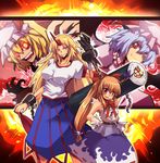  blonde_hair blue_hair chain claws crazy_eyes cuffs cup fang flandre_scarlet food gauntlets grin hand_on_hip hat horn hoshiguma_yuugi ibuki_suika long_hair maho_(boku_no_kao_wo_otabeyo) makizushi multiple_girls orange_eyes orange_hair oversized_object pointy_ears red_eyes remilia_scarlet sakazuki setsubun sharp_teeth sleeveless smile sushi teeth touhou very_long_hair 