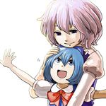  :d blue_dress bow bowtie cirno dress height_difference hug hug_from_behind jiji_(artist) juliet_sleeves lavender_hair letty_whiterock long_sleeves looking_up multiple_girls open_mouth puffy_short_sleeves puffy_sleeves red_bow red_neckwear short_sleeves simple_background smile touhou white_background 