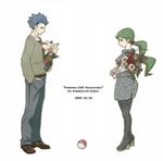  1girl akagi_(pokemon) bad_id bad_pixiv_id blue_eyes blue_hair casual english flower green_hair long_hair mitsumi_(pokemon) pantyhose poke_ball pokemon pokemon_dp_(manga) ponytail short_hair sweater teratsu 