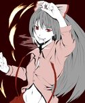  arm_up bad_id bad_pixiv_id cigarette fire fujiwara_no_mokou grey_hair grin hair_ribbon hands hiruno long_hair long_sleeves navel open_clothes open_shirt pale_skin red red_eyes ribbon shirt simple_background smile smoke solo suspenders torn_clothes touhou 