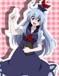  ahoge bad_id bad_pixiv_id blue_hair book checkered checkered_background dress index_finger_raised kamishirasawa_keine long_hair marimo_danshaku open_mouth pointing pointing_up red_eyes silver_hair smile solo touhou 