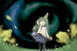  bad_id bad_pixiv_id clannad fisheye grass green_hair hat highres hikarizaka_private_high_school_uniform ibuki_fuuko night no_nose pantyhose party_hat school_uniform shoukei_inori solo starfish yellow_eyes 